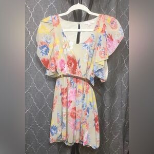 Margo & Sebastian Women's Short Sleeve Beige Floral Tunic Top w/ Belt - XS